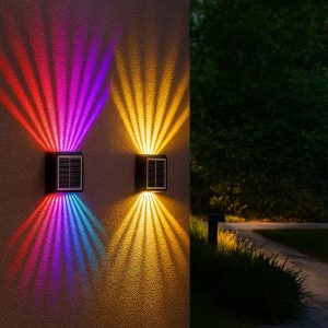 Solcelledrevet væglampe - 10-12h driftstid, dobbelt stråle, IP65, RGB | ORALUMI