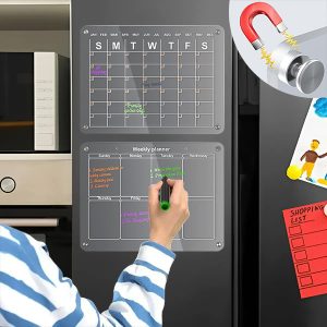 Akryl Køleskabskalender Sæt - Måneds- + Ugeplanlægger (hver 40 x 30 cm), 4 Magneter, Dry-Erase, Tuscher Inkluderet | REUSABLEPLAN